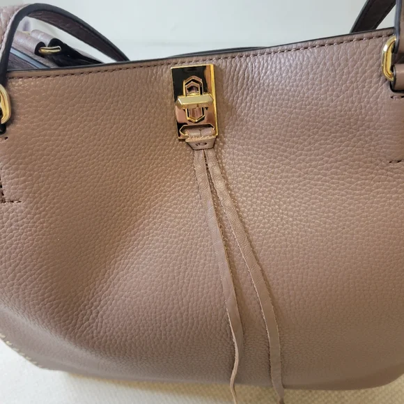 REBECCA MINKOFF DARREN DEEP TAUPE PEBBLED LEATHER STUDDED TOTE SHOULDER BAG - Picture 4 of 14